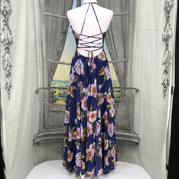 Faviana Blue Floral Chiffon Evening Gown Size 0 - Picture 7 of 8